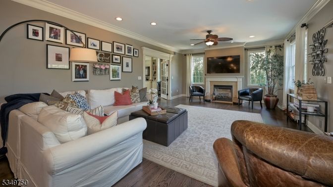 Fireplace, Interior, Living room, Recessed Lighting, Wood Texture Flooring
