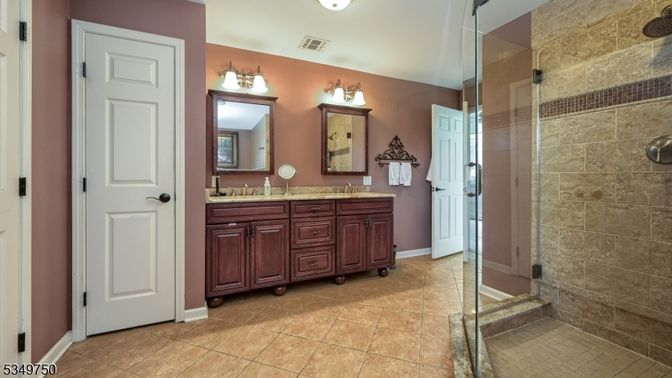 Bathroom, Dual Sink Vanities, Glass Shower, Interior, Stone Walls