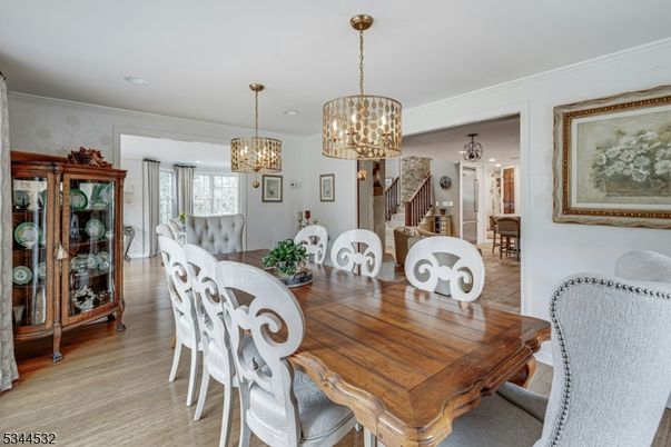 Chandelier, Dining room, Interior, Pendant Lights, Wood Texture Flooring