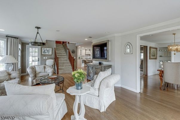 Chandelier, Dining room, Interior, Kitchen, Living room, Pendant Lights, Recessed Lighting, Wood Texture Flooring