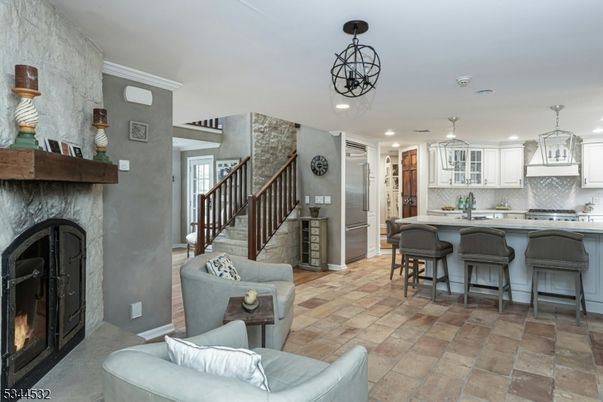 Fireplace, Interior, Kitchen, Pendant Lights, Recessed Lighting, Stainless Steel Appliances
