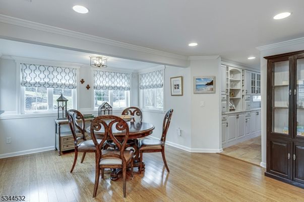 Dining room, Interior, Recessed Lighting, Wood Texture Flooring