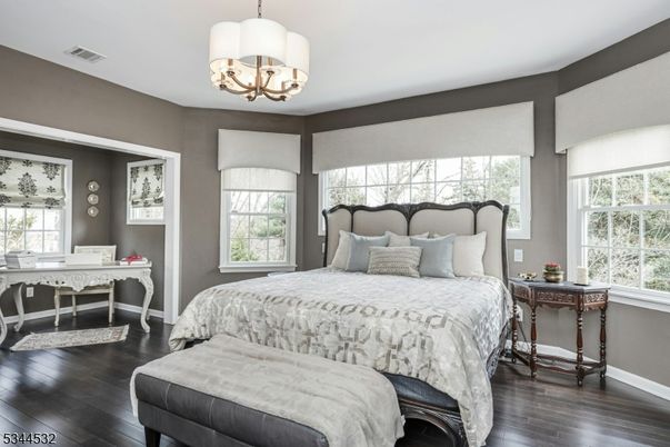Bedroom, Chandelier, Home Office, Interior, Wood Texture Flooring