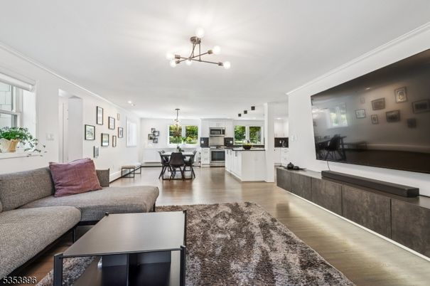 Dining room, Interior, Kitchen, Living room, Pendant Lights, Wood Texture Flooring