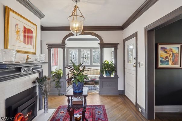 Fireplace, Interior, Pendant Lights, Wood Texture Flooring