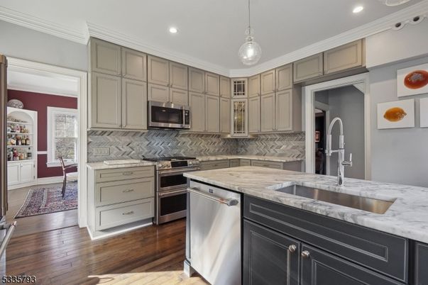 Interior, Kitchen, Pendant Lights, Recessed Lighting, Stainless Steel Appliances, Wood Texture Flooring