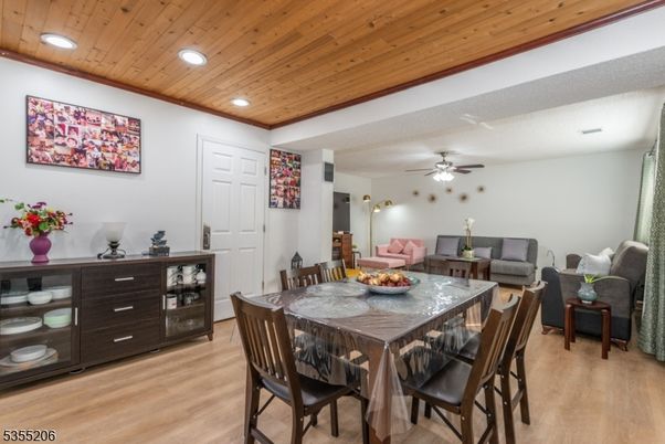 Dining room, Interior, Living room, Recessed Lighting, Wooden Ceilings, Wood Texture Flooring