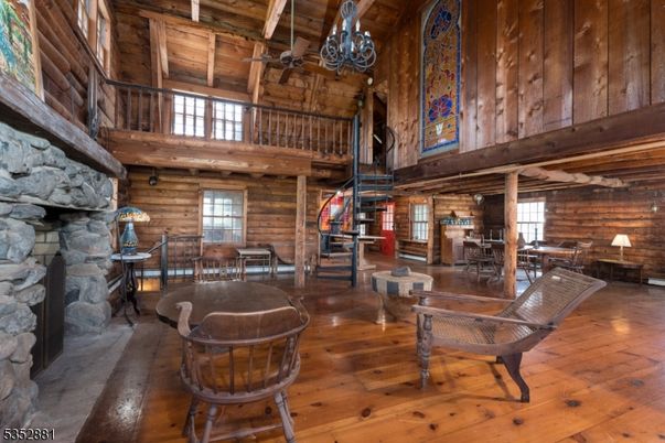 Chandelier, Dining room, Fireplace, Interior, Wooden Beams, Wooden Ceilings, Wood Texture Flooring, Wooden Walls