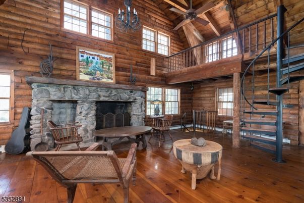 Chandelier, Dining room, Fireplace, Interior, Wooden Beams, Wooden Ceilings, Wood Texture Flooring, Wooden Walls