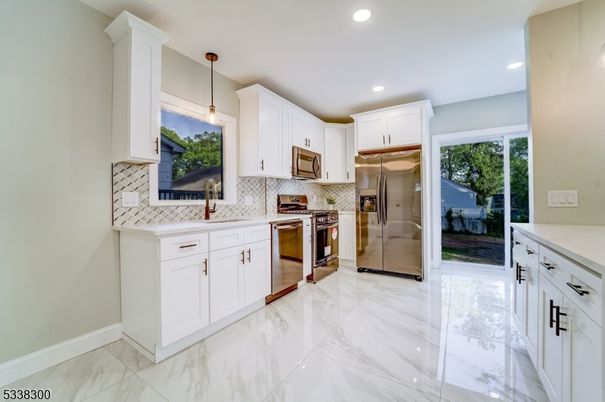 Interior, Kitchen, Marble, Pendant Lights, Recessed Lighting, Stainless Steel Appliances