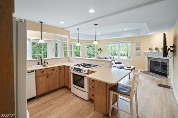 Fireplace, Interior, Kitchen, Living room, Pendant Lights, Recessed Lighting, Stainless Steel Appliances, Wood Texture Flooring