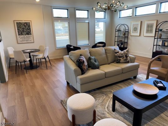 Dining room, Interior, Living room, Recessed Lighting, Wood Texture Flooring
