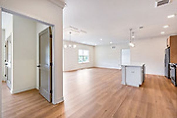 Empty room, Interior, Kitchen, Pendant Lights, Recessed Lighting, Wood Texture Flooring