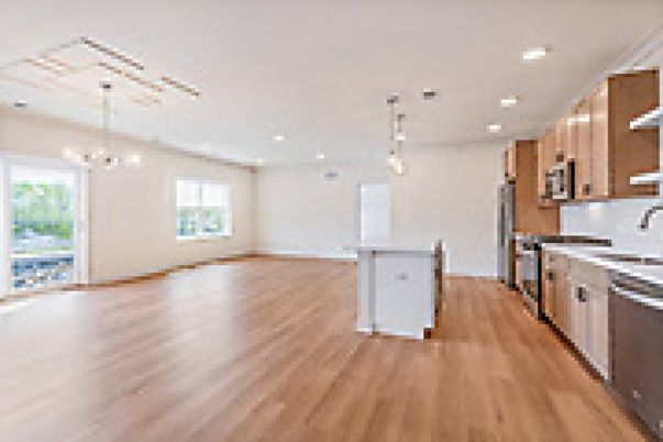Chandelier, Interior, Kitchen, Pendant Lights, Recessed Lighting, Stainless Steel Appliances, Wood Texture Flooring