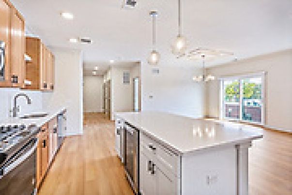 Chandelier, Interior, Kitchen, Pendant Lights, Recessed Lighting, Stainless Steel Appliances, Wood Texture Flooring
