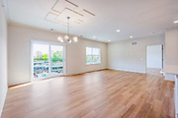 Chandelier, Empty room, Interior, Pendant Lights, Recessed Lighting, Wood Texture Flooring