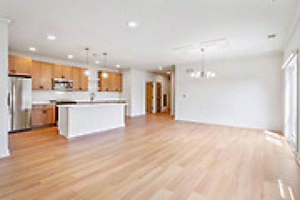 Empty room, Interior, Kitchen, Pendant Lights, Recessed Lighting, Stainless Steel Appliances, Wood Texture Flooring