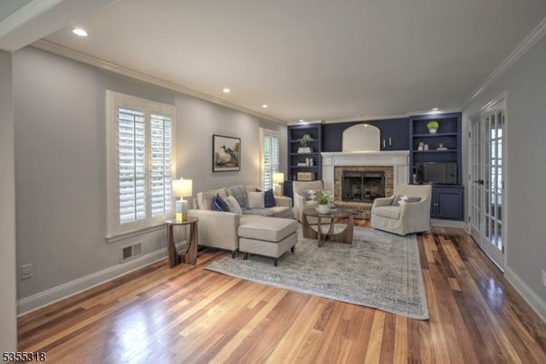 Fireplace, Interior, Living room, Recessed Lighting, Wood Texture Flooring