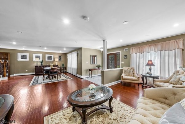 Dining room, Interior, Living room, Recessed Lighting, Wood Texture Flooring