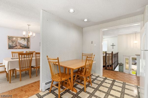 Chandelier, Dining room, Interior, Pendant Lights, Recessed Lighting, Wood Texture Flooring