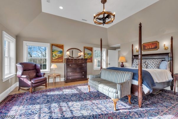 Bedroom, Chandelier, Interior, Recessed Lighting, Wood Texture Flooring