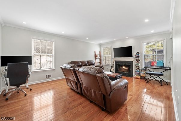 Fireplace, Home Office, Interior, Living room, Recessed Lighting, Wood Texture Flooring