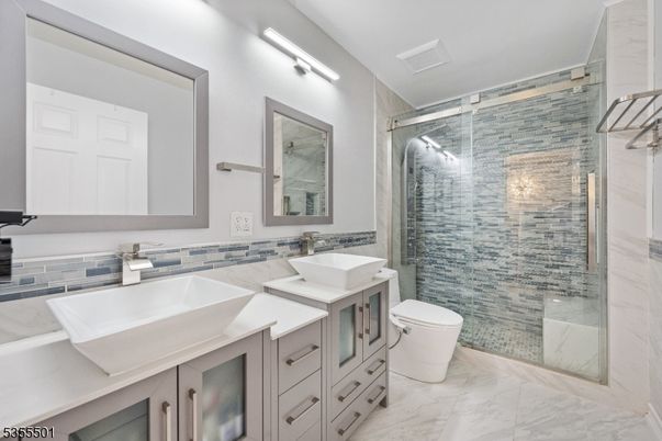 Bathroom, Dual Sink Vanities, Glass Shower, Interior, Marble