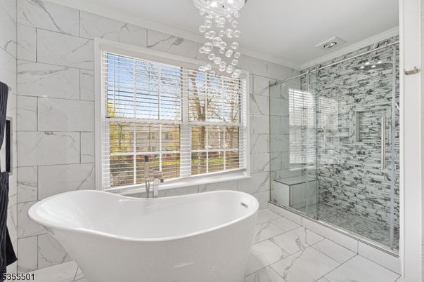 Bathroom, Free Standing Baths, Glass Shower, Interior, Marble, Marble Walls, Pendant Lights