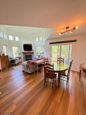 Dining room, Fireplace, Interior, Living room, Wood Texture Flooring