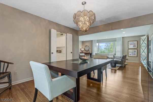 Chandelier, Dining room, Interior, Living room, Recessed Lighting, Wood Texture Flooring