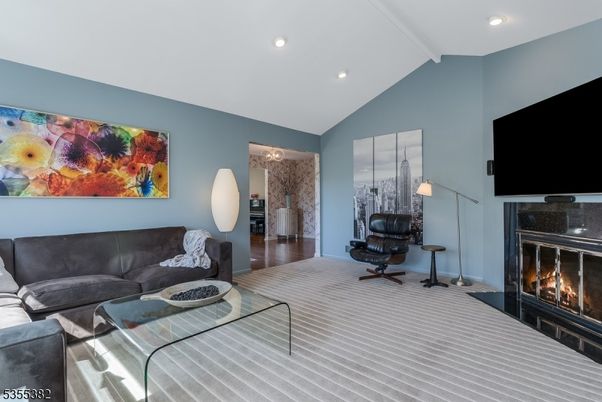 Fireplace, Interior, Living room, Recessed Lighting, Wood Texture Flooring