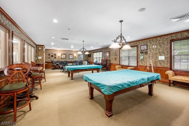 Billiard Table, Game Room, Interior, Pendant Lights, Recessed Lighting, Stone Walls