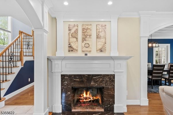 Dining room, Fireplace, Interior, Pendant Lights, Recessed Lighting, Wood Texture Flooring