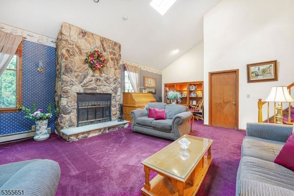 Fireplace, Interior, Living room, Recessed Lighting, Stone Walls