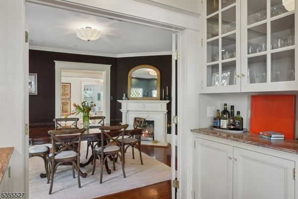 Dining room, Fireplace, Interior, Wood Texture Flooring