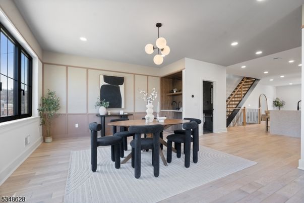 Dining room, Interior, Pendant Lights, Recessed Lighting, Wood Texture Flooring