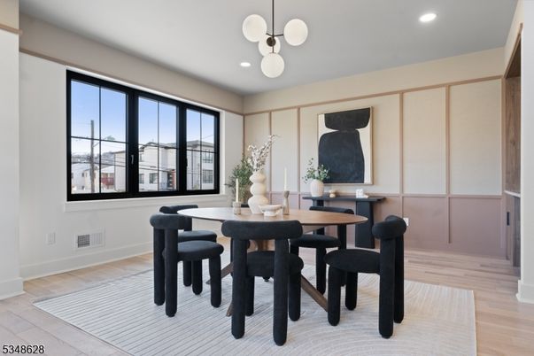 Dining room, Interior, Pendant Lights, Recessed Lighting, Wood Texture Flooring
