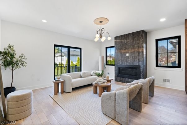 Fireplace, Interior, Living room, Pendant Lights, Recessed Lighting, Wood Texture Flooring