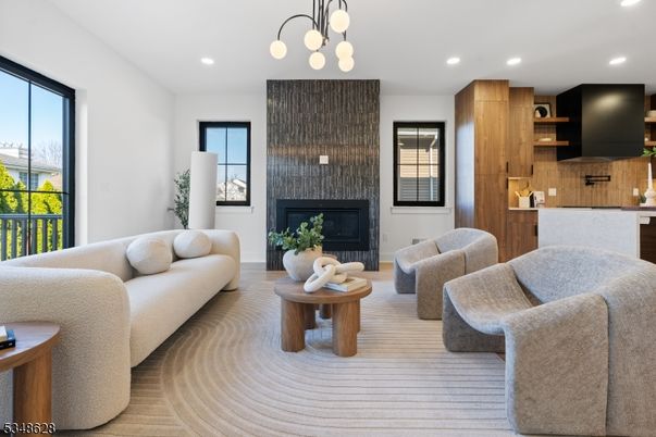 Fireplace, Interior, Living room, Pendant Lights, Recessed Lighting, Wood Texture Flooring