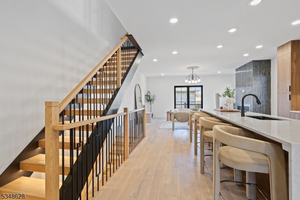 Chandelier, Interior, Kitchen, Pendant Lights, Recessed Lighting, Wood Texture Flooring
