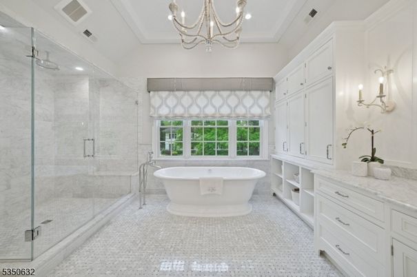 Bathroom, Chandelier, Dual Sink Vanities, Free Standing Baths, Glass Shower, Interior, Recessed Lighting