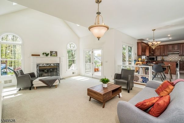 Chandelier, Dining room, Fireplace, Interior, Kitchen, Living room, Pendant Lights, Recessed Lighting
