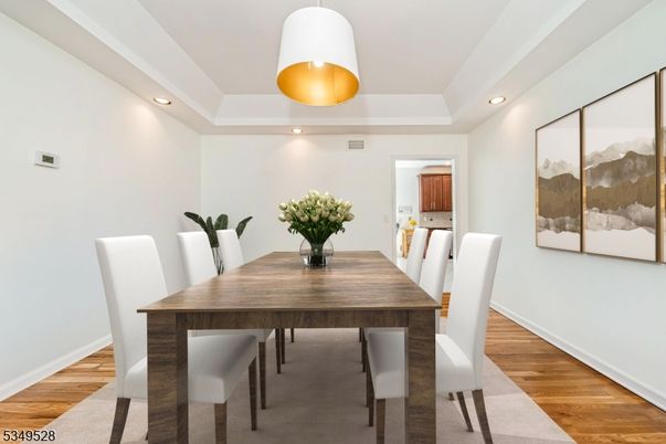 Dining room, Interior, Recessed Lighting, Wood Texture Flooring