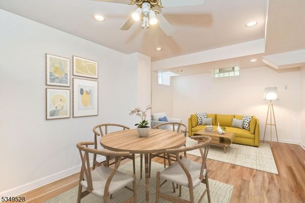 Dining room, Interior, Living room, Recessed Lighting, Wood Texture Flooring