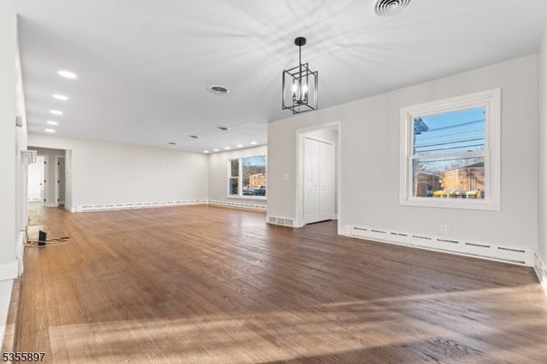 Empty room, Interior, Pendant Lights, Recessed Lighting, Wood Texture Flooring