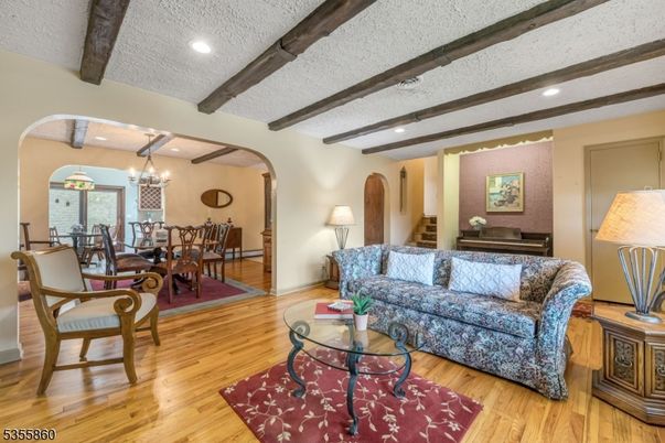 Chandelier, Dining room, Interior, Living room, Recessed Lighting, Wooden Beams, Wood Texture Flooring