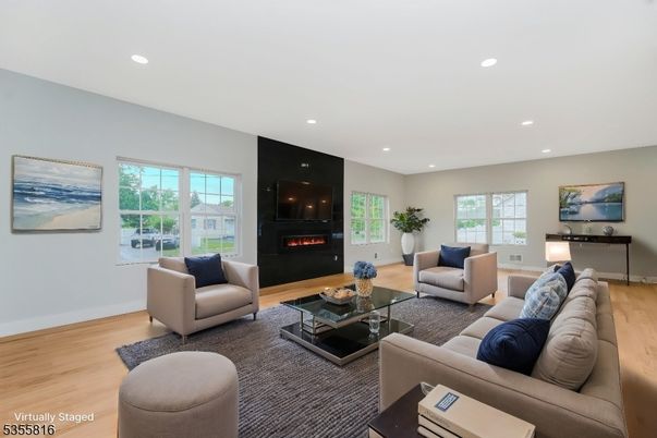 Fireplace, Interior, Living room, Recessed Lighting, Wood Texture Flooring