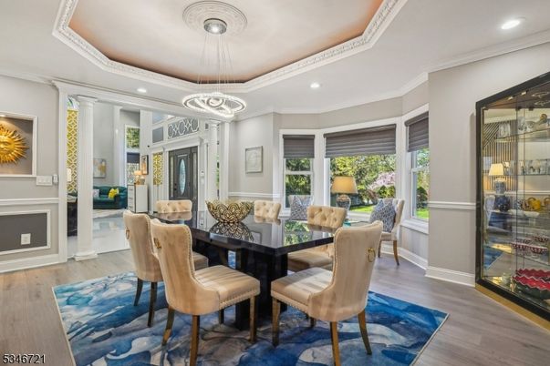 Dining room, Interior, Pendant Lights, Recessed Lighting, Wood Texture Flooring