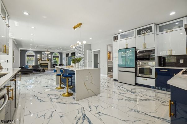 Interior, Kitchen, Living room, Marble, Pendant Lights, Recessed Lighting, Stainless Steel Appliances
