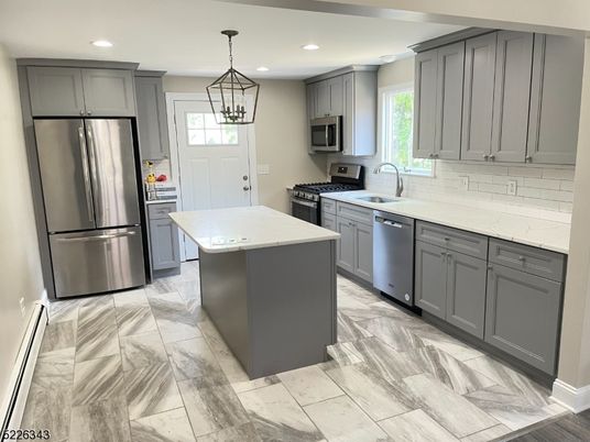Interior, Kitchen, Marble, Pendant Lights, Recessed Lighting, Stainless Steel Appliances
